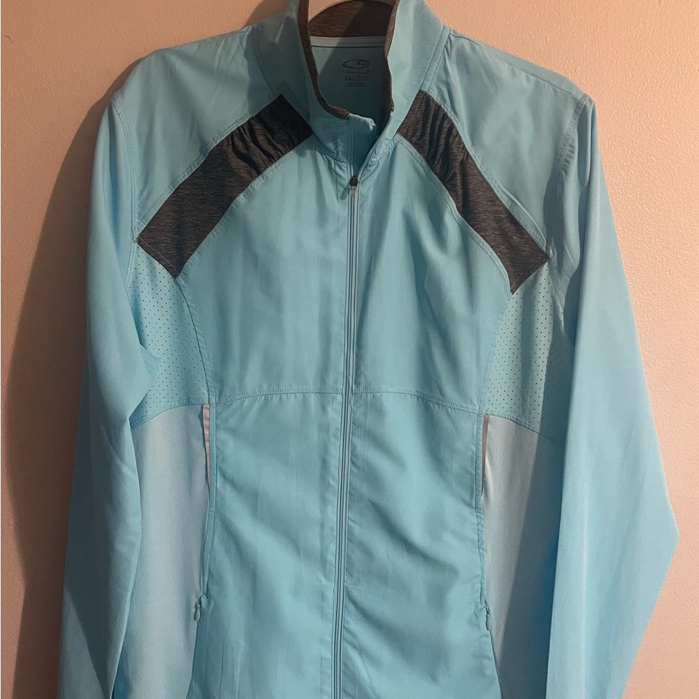 Turquoise Blue and Gray Utility Jacket with High Collar, Sporty, Thumb holes